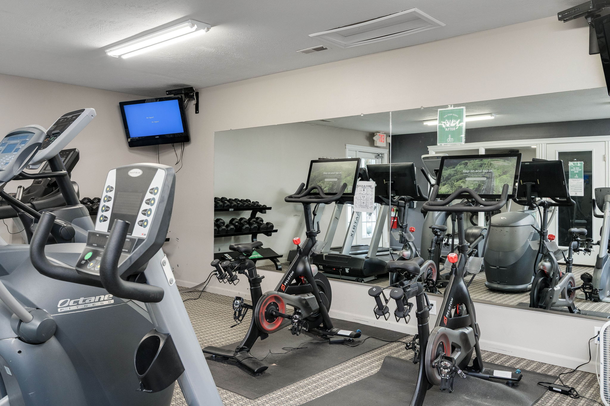 A gym with treadmills and exercise bikes.